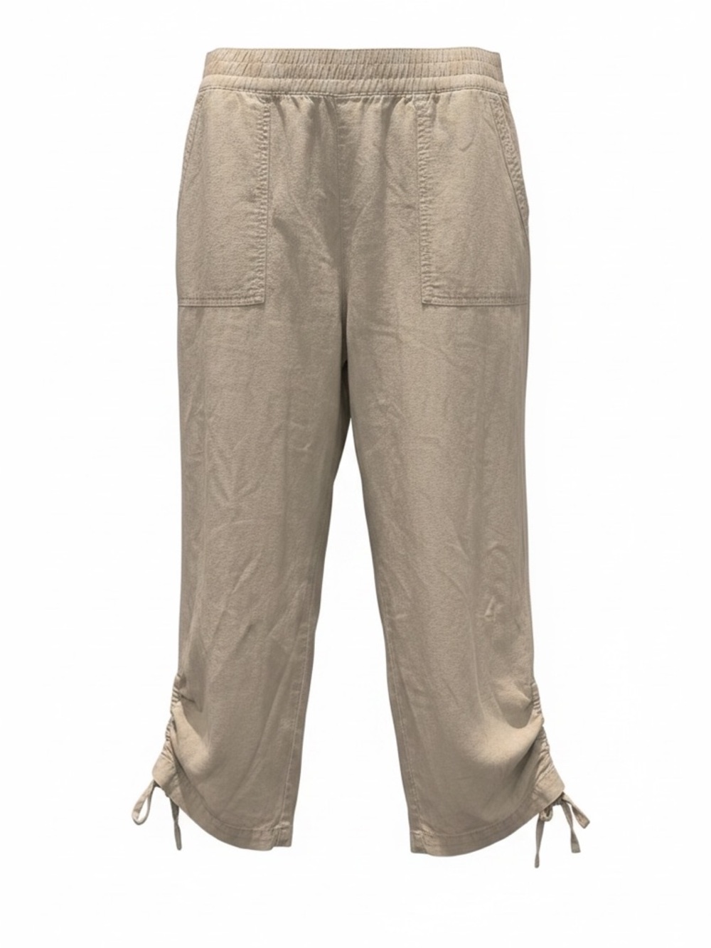 da-sh tan linen-blend cropped pants side-cinched adjustable ties at lower leg